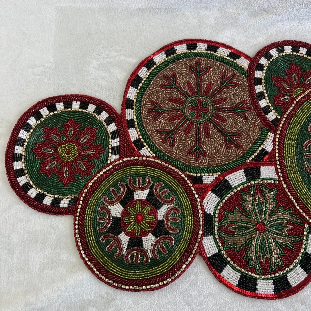 Mackenzie-Childs Beaded Medallion Table Runner Red Green Holiday Christmas Decor